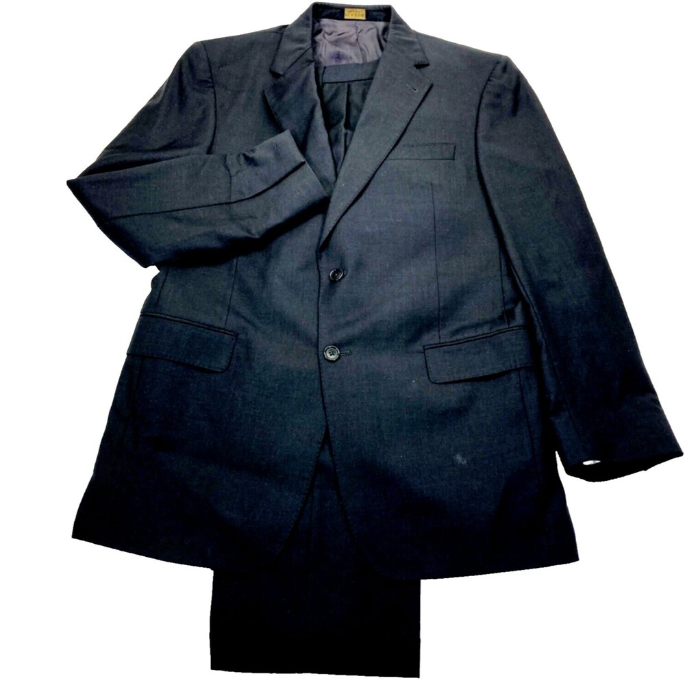 Jos A Bank Suit Wool Signature Gold Gray 42 L Pants Pleated Cuff 37 Preppy